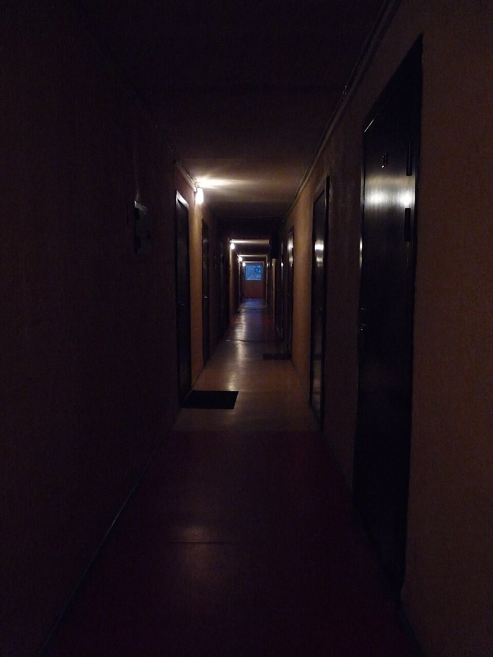 A narrow residential corridor with doorways